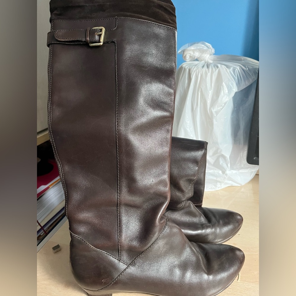 Brown leather slouchy knee high boots